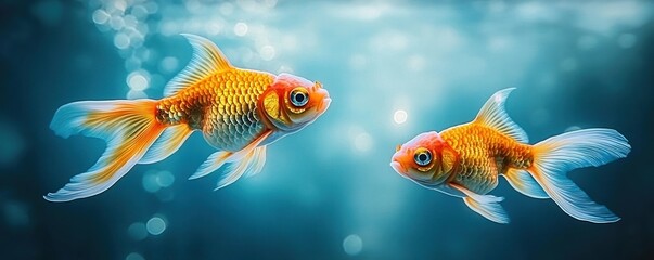 Fototapeta premium Vibrant goldfish swim gracefully in a sparkling aquatic environment filled with bubbles and light