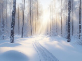 A snowy forest scene with sleigh tracks and soft sunlight, offering a magical winter background for festive content