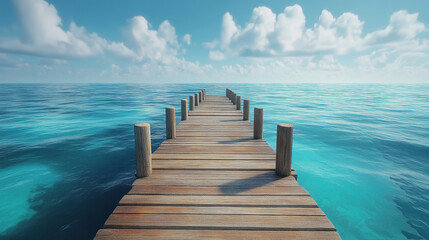 Fototapeta premium Tranquil Wooden Pier Extending into Azure Ocean. A serene image of a wooden pier stretching into a vast expanse of azure ocean water.
