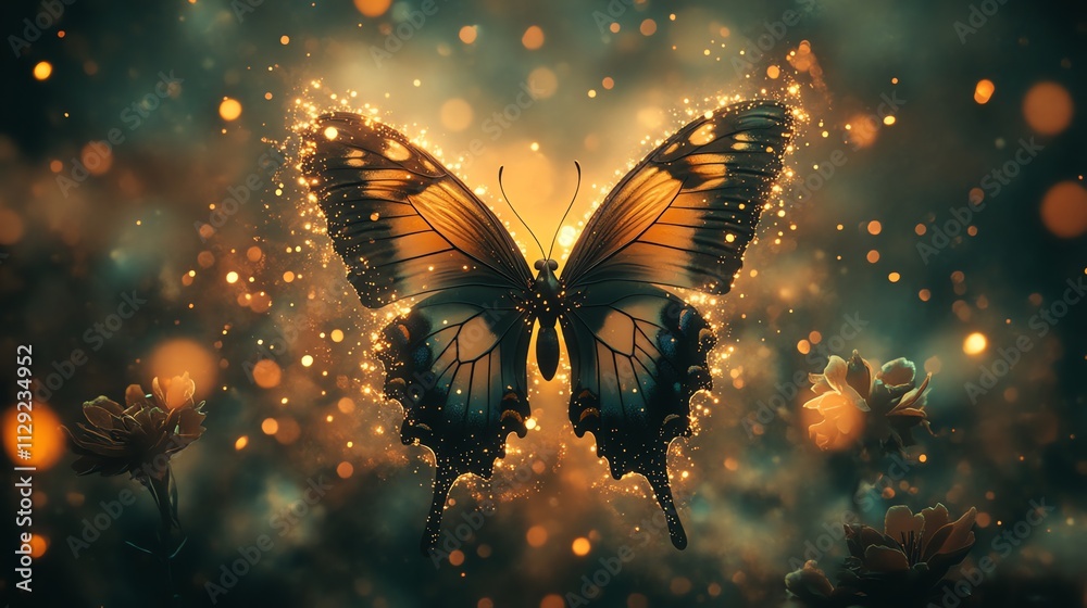 Aufkleber a glowing butterfly surrounded by sparkling particles and flowers in a mystical setting.