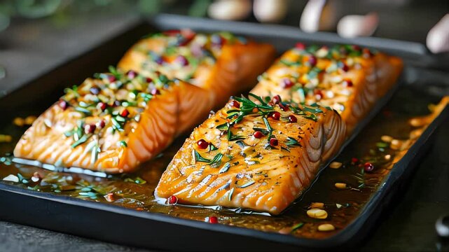 Juicy grilled salmon fillets topped with fresh herbs and garlic cloves, served on a hot black pan