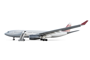 Wide body passenger airliner with boarding stairs isolated