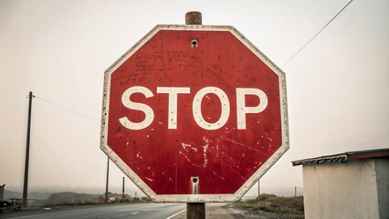 Obraz premium An old stop sign weathered by time, standing beside a rural road in a dusty environment