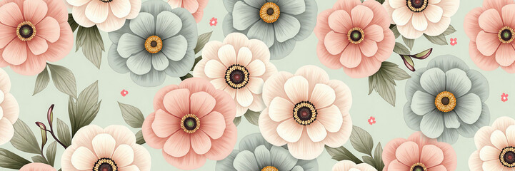 A floral patterned background with pink, white, and blue flowers. The flowers are arranged in a way that creates a sense of movement and harmony. Scene is one of tranquility and beauty