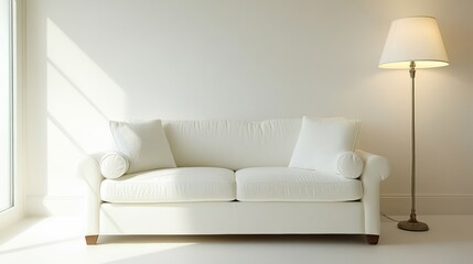 A minimalist living room featuring a white sofa and a floor lamp in a bright space.