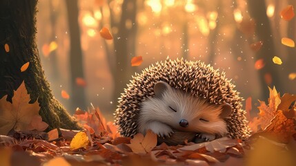 Obraz premium A cozy hedgehog rests among autumn leaves under a tree, surrounded by warm, golden light in a serene forest setting.