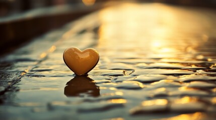 Fototapeta premium A heart-shaped object rests on a wet surface, reflecting warm light in a serene setting.