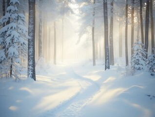A snowy forest scene with sleigh tracks and soft sunlight, offering a magical winter background for festive content