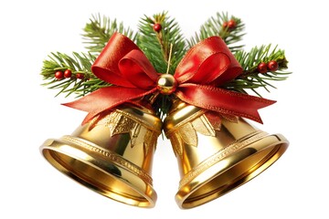 Christmas Golden Bells with Red Bows on white background