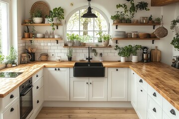 Bright kitchen with wooden countertops, white cabinets, farmhouse sink, and plants.
