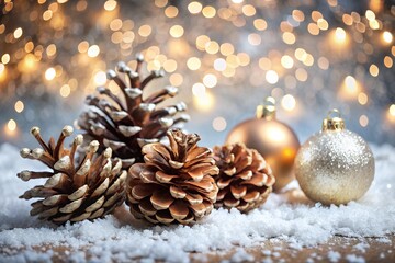 Elegant Holiday Ornaments with Pine Cones and Sparkling Background for Festive Seasonal Decor and Celebrations