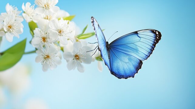 A vibrant blue butterfly perched on white blossoms against a soft blue background.