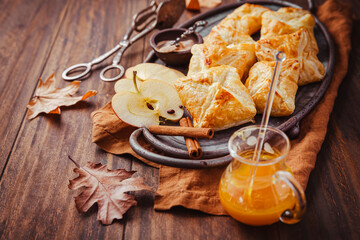 Homemade flaky pastry filled with apple mousse and cinnamon