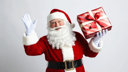 Fototapeta premium Isolated against a white background, Santa Claus smiles while holding a wrapped gift. PNG transparency.