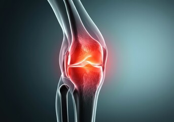 Medical illustration showing inflamed knee joint with transparent skin and bones