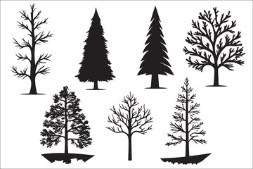 Various black tree silhouettes on white background.