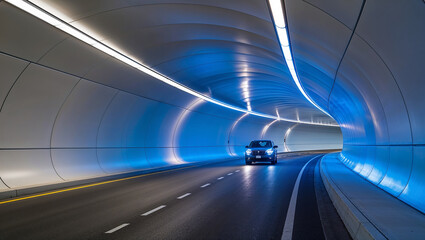 Modern car driving through futuristic illuminated tunnel