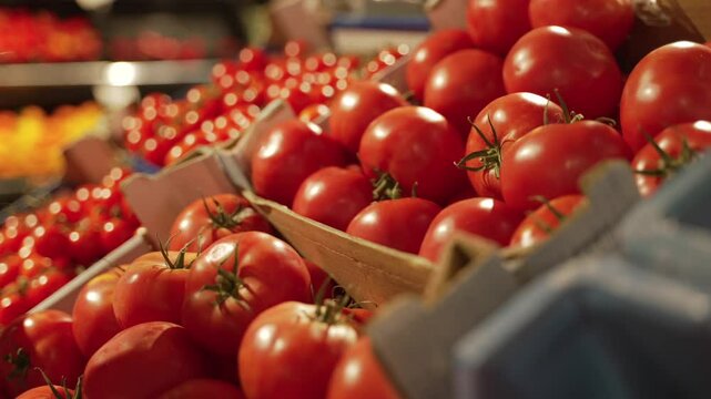 Hands of a saleswoman is Lay Out the tomatoes on the Shelf at supermarket. Close-up 4k footage. Slow Motion.