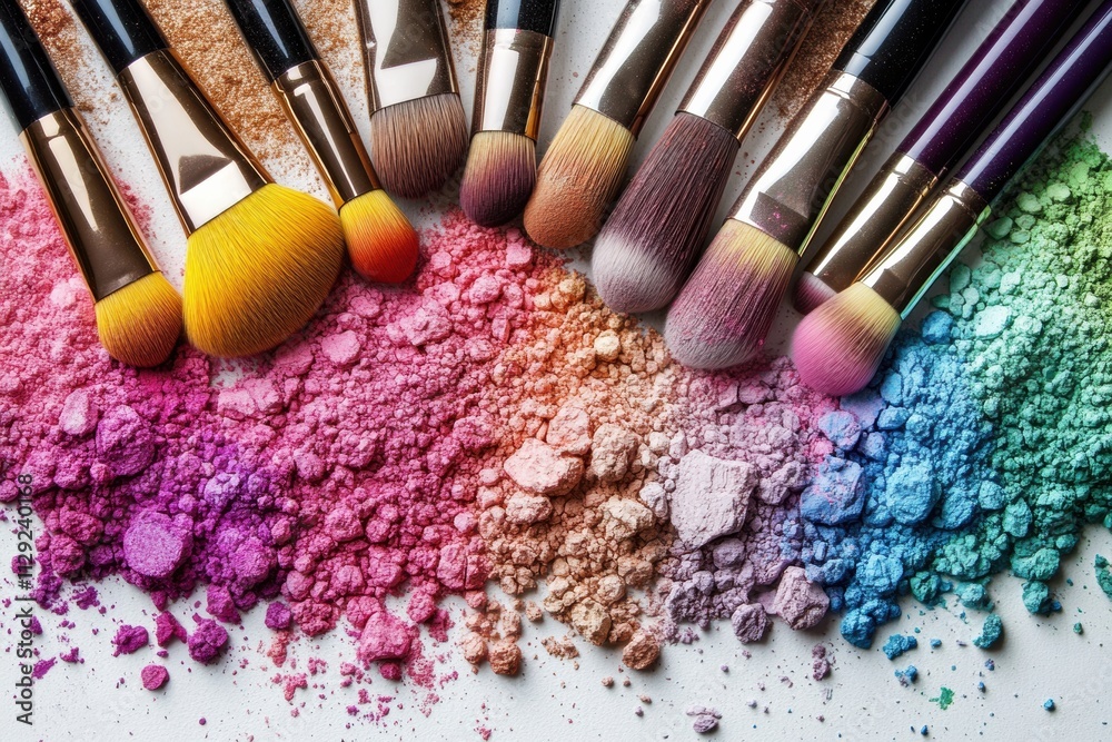 Poster Various makeup tools and brushes are artistically displayed alongside colorful pigments, creating a vibrant and inviting setup for beauty enthusiasts. Generative AI