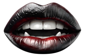 Fototapeta premium Vampire lips, painted deep black, reveal sharp white teeth in a dramatic display. The transparent background allows for versatile application in various creative projects