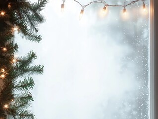 A frosted window with minimalist Christmas lights and garland, perfect for festive mockups and cozy holiday scenes