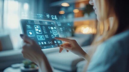 Homeowner managing smart home features through a tablet interface in a modern setting. : Internet of Things (IoT) in Smart Homes