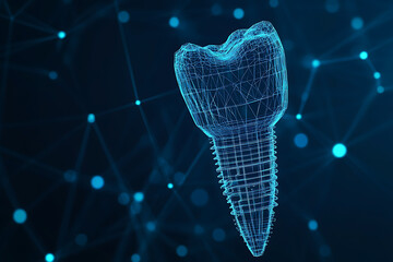 Glowing wireframe rendering of a dental implant on a translucent background, highlighted by a combination of blue and black data points


