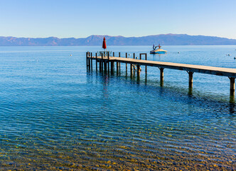 Dock on Pebble Beach at Hurricane Bay, Lake Tahoe, California, USA
