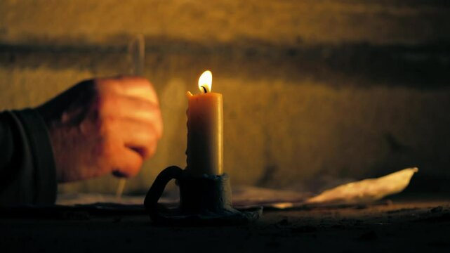 Writing with quill on parchment by candlelight