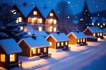 Cozy Snow-Covered Houses Illuminated at Twilight