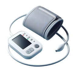 The image shows a white digital blood pressure monitor with a black screen, a white cuff, and a white tube connecting the two.