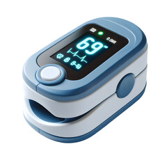 The image is of a pulse oximeter, The pulse oximeter has a blue and white body with a digital display showing a reading of 33 for blood