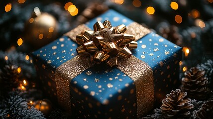 Festive Blue Gift Wrapped In Gold Glitter