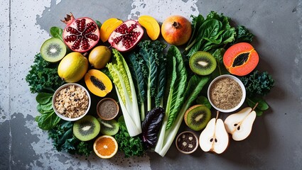Healthy food clean eating selection: fruit, vegetable, seeds, superfood, cereal, leaf vegetable on gray concrete background