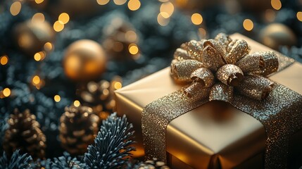 Gold Gift Box With Glitter Bow Christmas Decorations