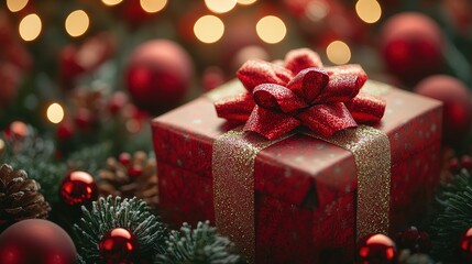 Red Christmas Gift Box With Gold Ribbon And Ornaments