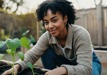Young woman gardening in backyard, planting seedlings in raised garden bed