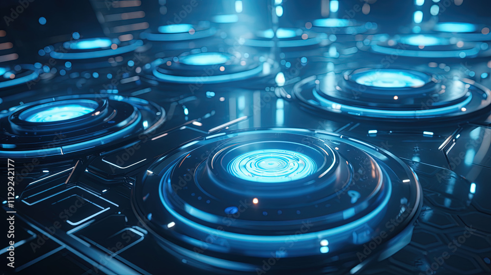 Poster Technology abstract background with hud styled round interface elements in neon tech light.