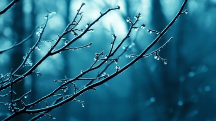 A close-up of a branch with droplets, set against a misty, blue-toned forest background.