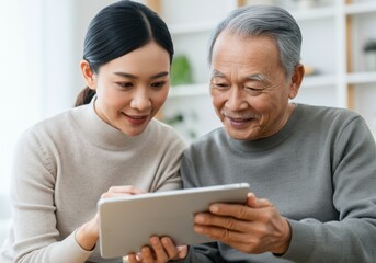 Smiling caregiver assisting elderly man with modern technology, enjoying quality time together
