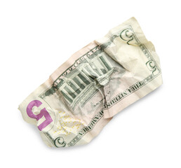 One crumpled dollar banknote isolated on white, top view