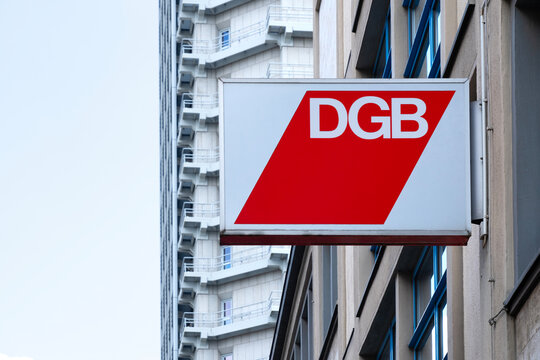 Red DGB sign, German Trade Union Confederation, advocating for improved worker conditions across Europe, banner European solidarity, labor rights and social justice, Frankfurt - July 22, 2024