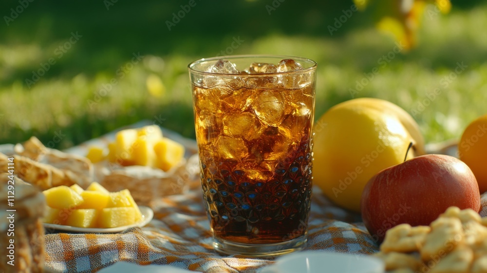 Poster refreshing iced beverage with fruits and snacks on a picnic blanket