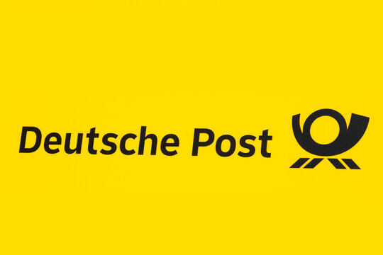 German Yellow Deutsche Post logo photo, efficient communication, symbolizing postal services in Germany, Frankfurt - May 28, 2024