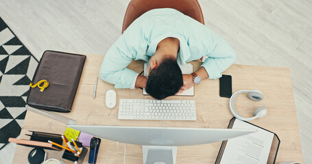 Above, business and man at desk, sleeping and tired with break, overworked and burnout. Person,...