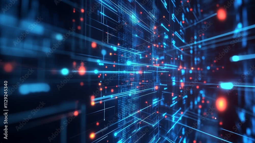 Poster abstract representation of data flow with glowing lines and points in a digital space.