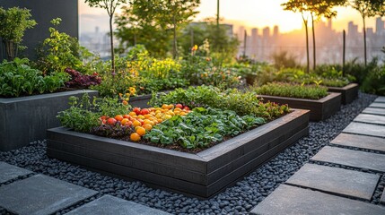 Obraz premium Vibrant Urban Garden with Fresh Vegetables and Fruits at Sunset Overlooking a City Skyline in a Modern Rooftop Setting