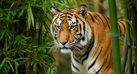 Majestic bengal tiger amidst lush bamboo forest scene