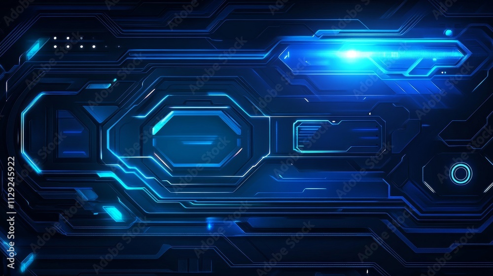 Poster abstract futuristic design with blue glowing elements and intricate circuitry patterns.