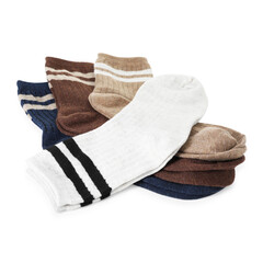 Different many soft socks isolated on white
